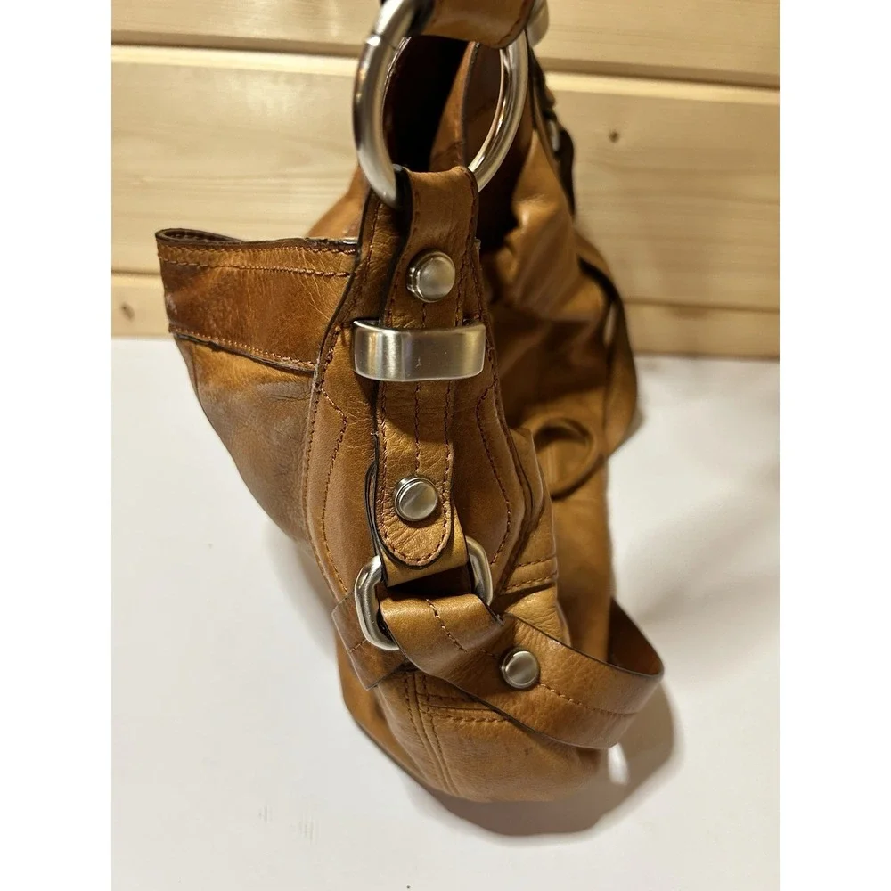 B. Makowsky Brown/Tan Leather Hobo Drawstring Shoulder Bag EUC